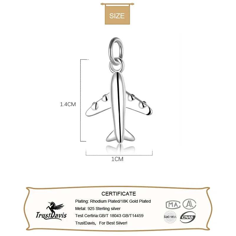 TrustDavis Real 925 Sterling Silver Plane Aircraft Pendant Handmade DIY Necklace Bracelet Accessories Fine Jewelry Gift HY543