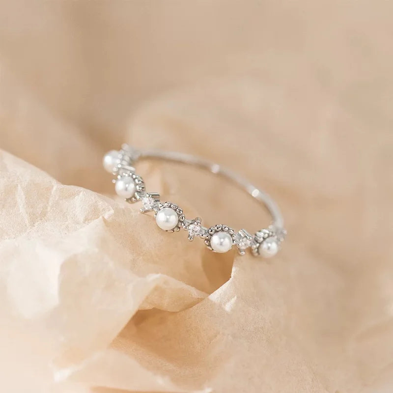 TrustDavis Real 925 Sterling Silver Women's Fashion Pearl Stacked Band Zircon Ring for Women Girls Fine Jewelry Gift DS4753