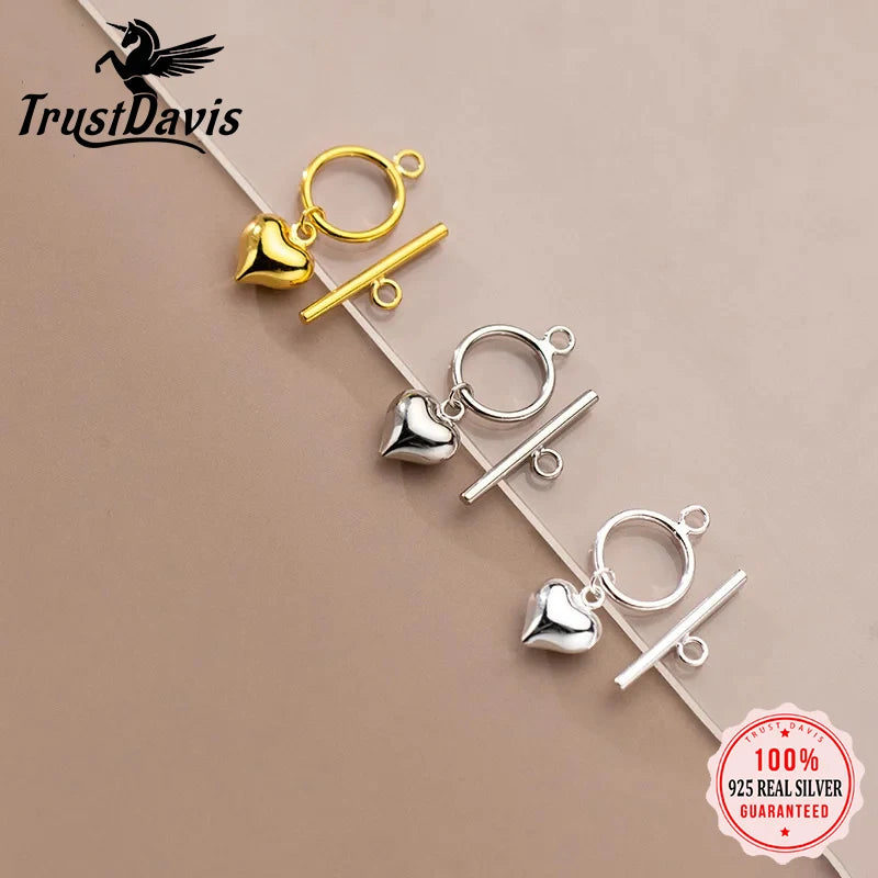 TrustDavis Real 925 Sterling Silver Fashion Romantic Heart OT Clasp Charm Pendant Handmade DIY Accessories Fine Jewelry HY295