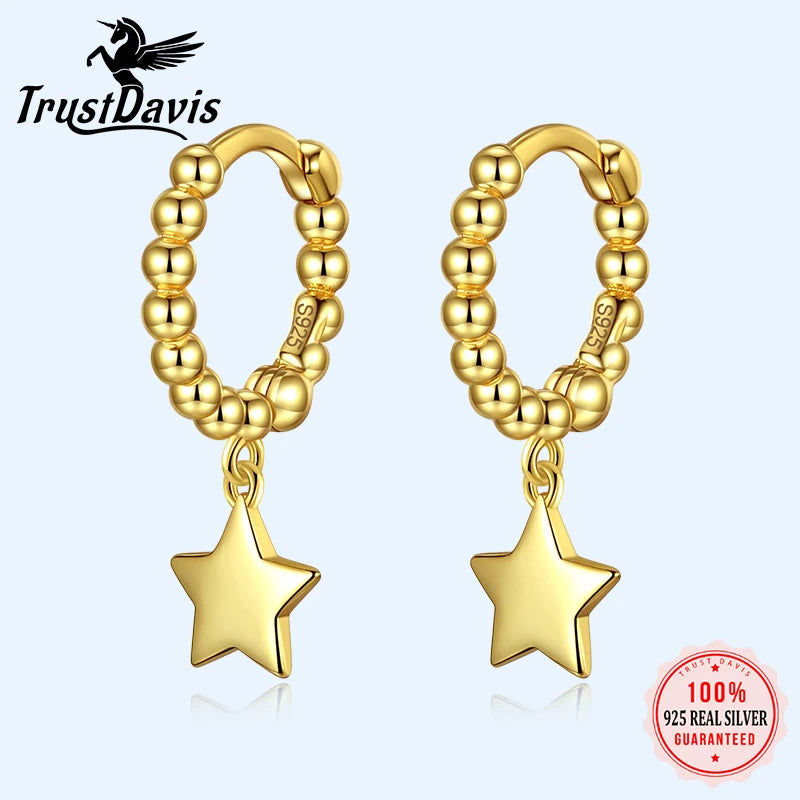 Trustdavis Real 925 Sterling Silver Sweet Glossy Round Bead Sweet Star Pendant Hoop Earrings For Women Wedding Jewelry DA2668