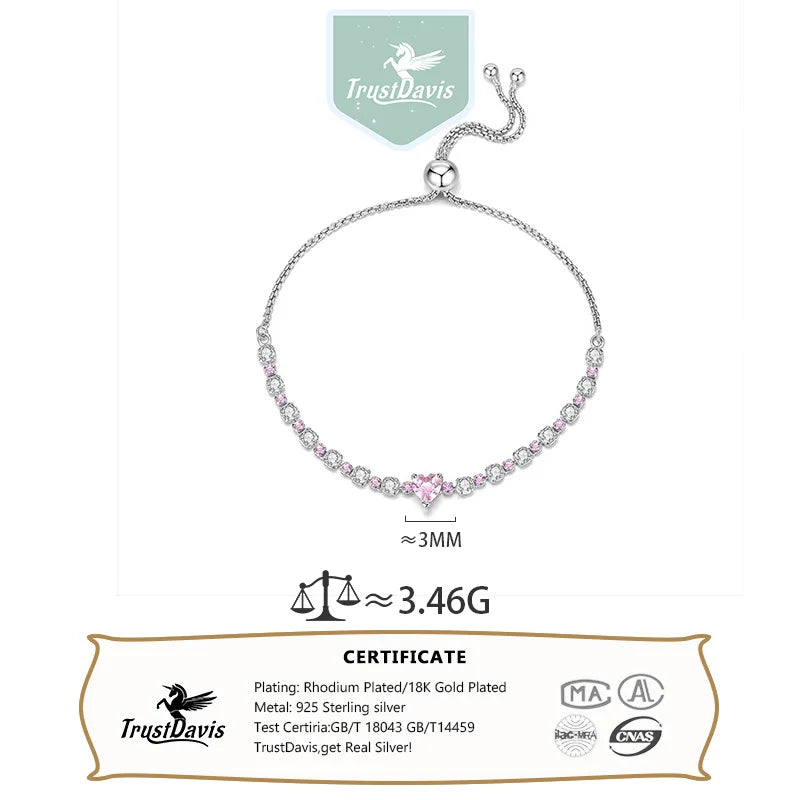 TrustDavis 925 Sterling Silver Women's Fashion Simple Full Diamond Heart Adjustable Bracelet for Women Girls Jewelry Gift DS4429
