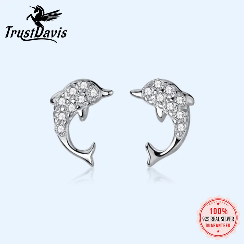 Trustdavis Real 925 Sterling Silver Cute Symmetrical Dolphins CZ Charm Stud Earrings For Women Wedding Party Fine Jewelry DA1398