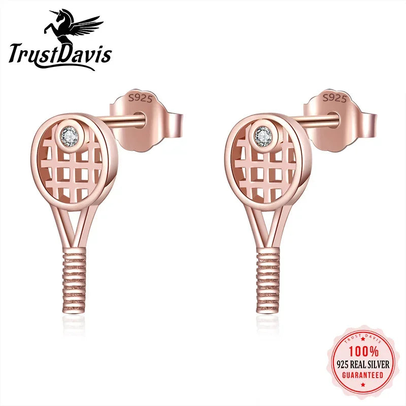 TrustDavis 925 Sterling Silver Women's Fashion Small Tennis Racket Stud Earrings Gift For Girls Teens  Earring Jewelry DS1283