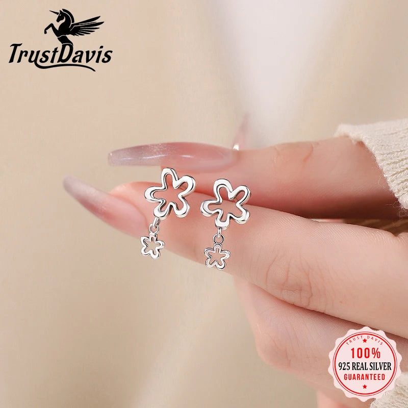 TrustDavis 925 Sterling Silver Women's Flower Earring Fashion Sweet Two Flower Stud Earrings for Women Girls Jewelry Gift DS4289
