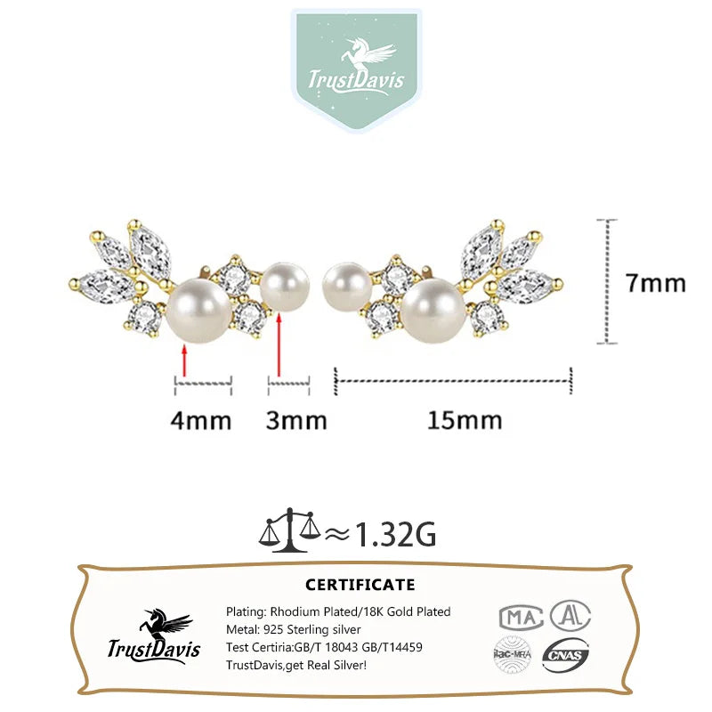 TrustDavis 925 Sterling Silver Women's Pearl Earrings Fashion Sweet Leaf with Pearl Earrings for Women Girls Jewelry Gift DS4290