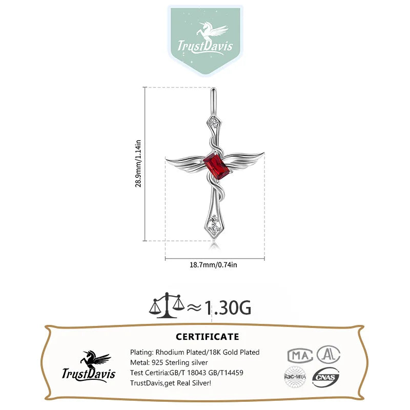 TrustDavis Real 925 Sterling Silver Women's Birthday Necklace Angel Wing Cross Necklace for Women Birthday Gift Jewelry DS4213