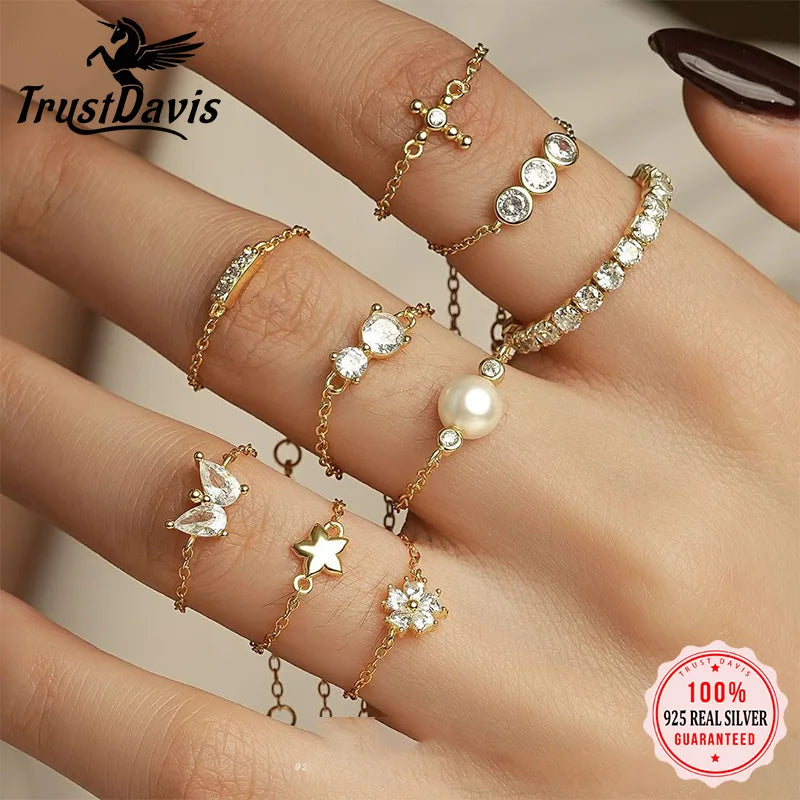 TrustDavis 925 Sterling Silver Women's Butterfly/Cross/Pearl Zircon Chain Adjustable Ring for Women Girls Jewelry Gift DS4330