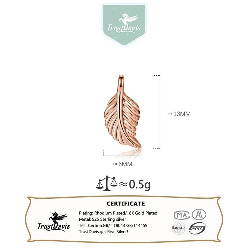 TrustDavis Real 925 Sterling Silver Vintage Leaf Feather Charm Pendant for Women Kids Handmade DIY Accessories Jewelry DH0049