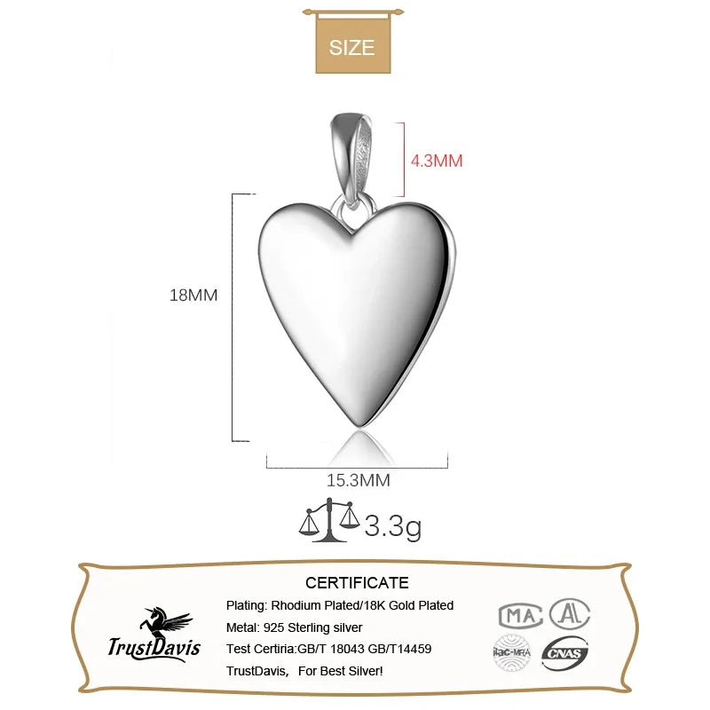 TrustDavis Real 925 Sterling Silver Sweet Romantic Glossy Heart Charm Pendant Handmade DIY Necklace Accessories Jewelry DZ704