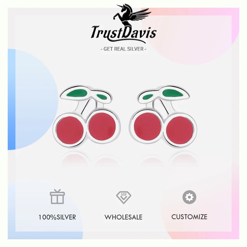 TrustDavis Real 925 Sterling Silver Fashion Sweet Cute Zirconia Cherry Screw Earrings for Women Girls Jewelry Gift DS4734