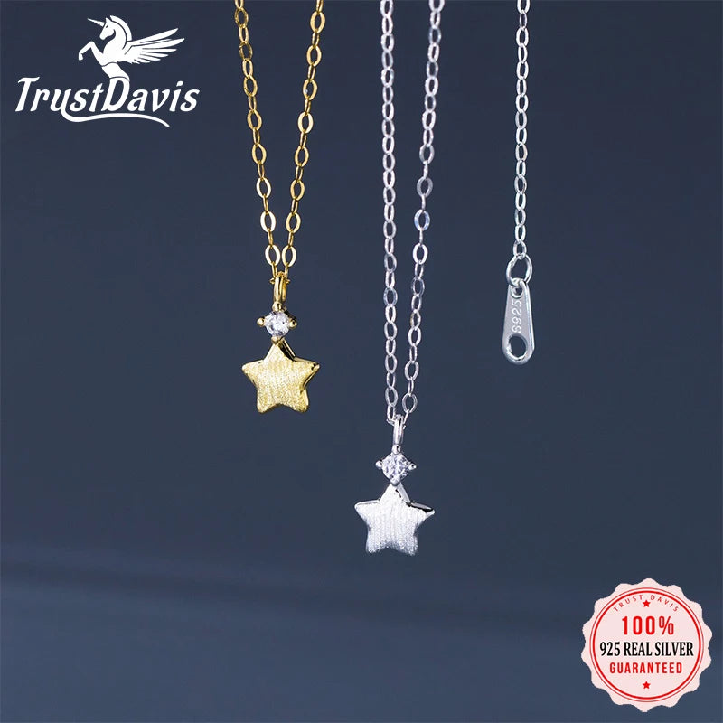 TrustDavis 925 Sterling Silver Women's Fashion and Simple Star Zirconia Pendant Necklace for Women Girls Jewelry Gift DS4351