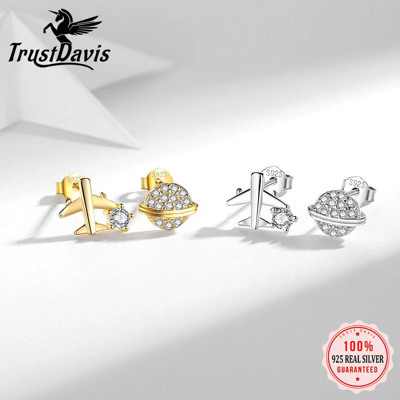 TrustDavis 925 Sterling Silver Women's Fashion Simple Planet and Airplane Earring for Women Girls Birthdays Jewelry Gift  DS4692