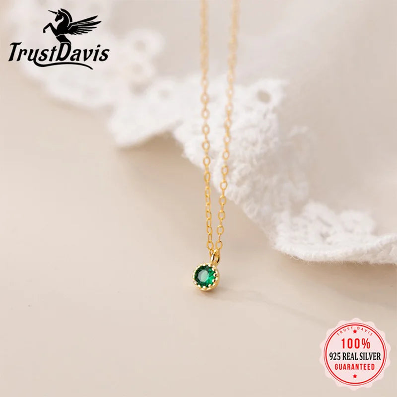 TrustDavis Real 925 Sterling Retro Mini Green Diamond Silver Necklace for Women Wedding Party 925 Necklace Jewelry DA1631