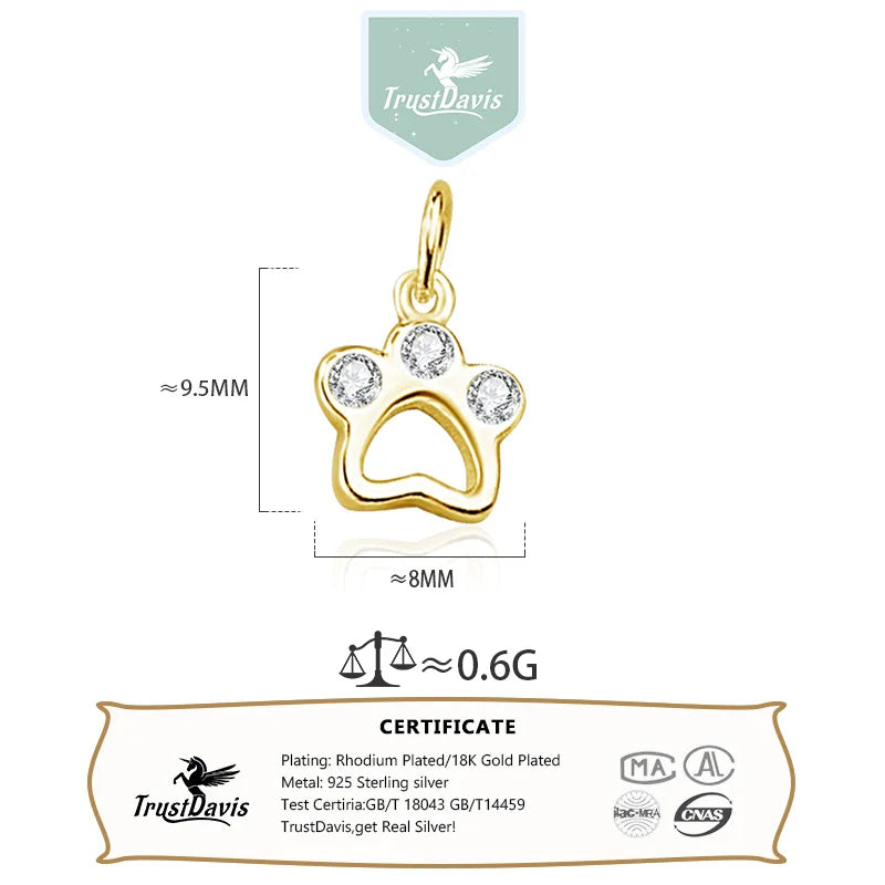 TrustDavis Real 925 Sterling Silver Fashion Cute Cat Claw Charm Pendant Handmade DIY Accessories Fine Jewelry Wholesale DZ1706