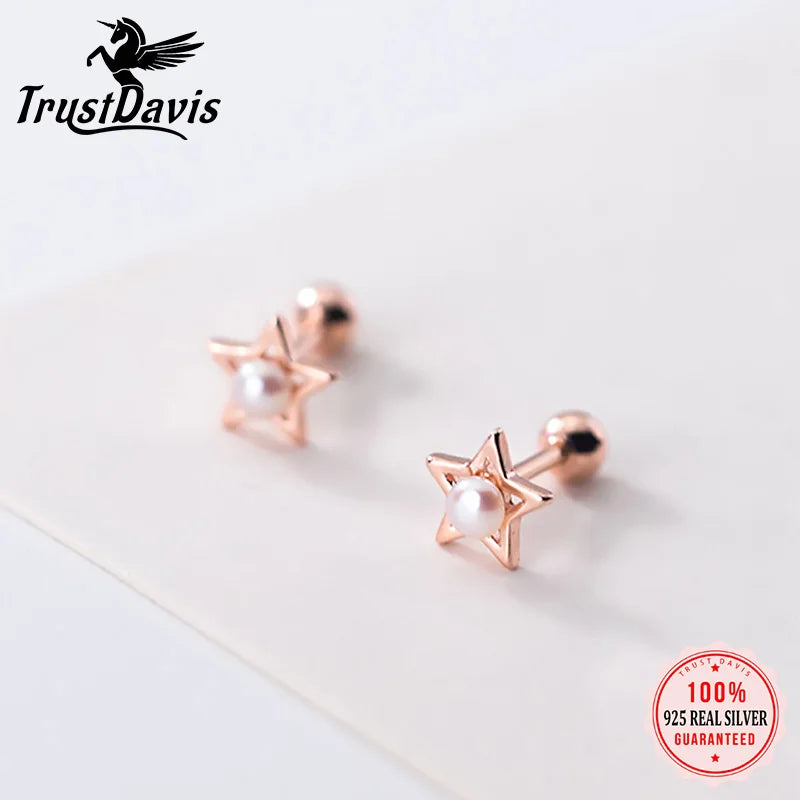 Trustdavis Real 925 Sterling Silver Fashion Star Pearl  Screw Stud Earrings For Women Children Mini Minimalist Jewelry DA1908