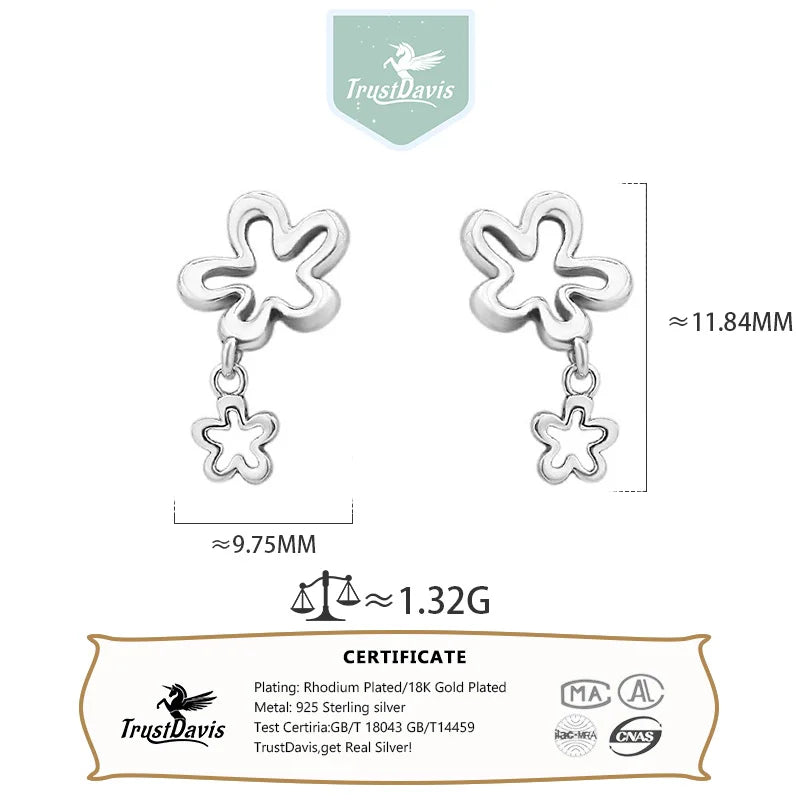TrustDavis 925 Sterling Silver Women's Flower Earring Fashion Sweet Two Flower Stud Earrings for Women Girls Jewelry Gift DS4289