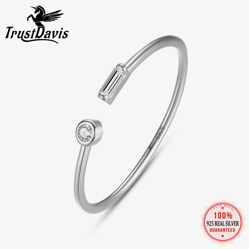 TrustDavis Real 925 Sterling Silver 18K Gold Square Round CZ Opening Rings For Women Wedding Anniversary Fine Jewelry DE0041