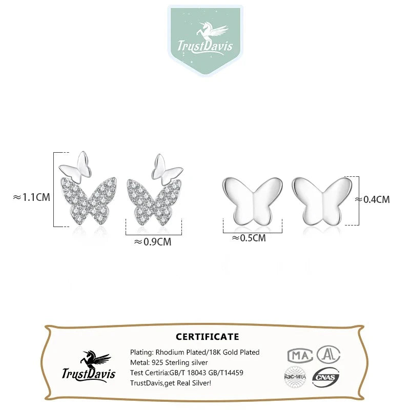TrustDavis Real 925 Sterling Silver Fashion Insect Butterfly CZ Stud Earring For Women Birthday Daughter Fine Jewelry DA2152