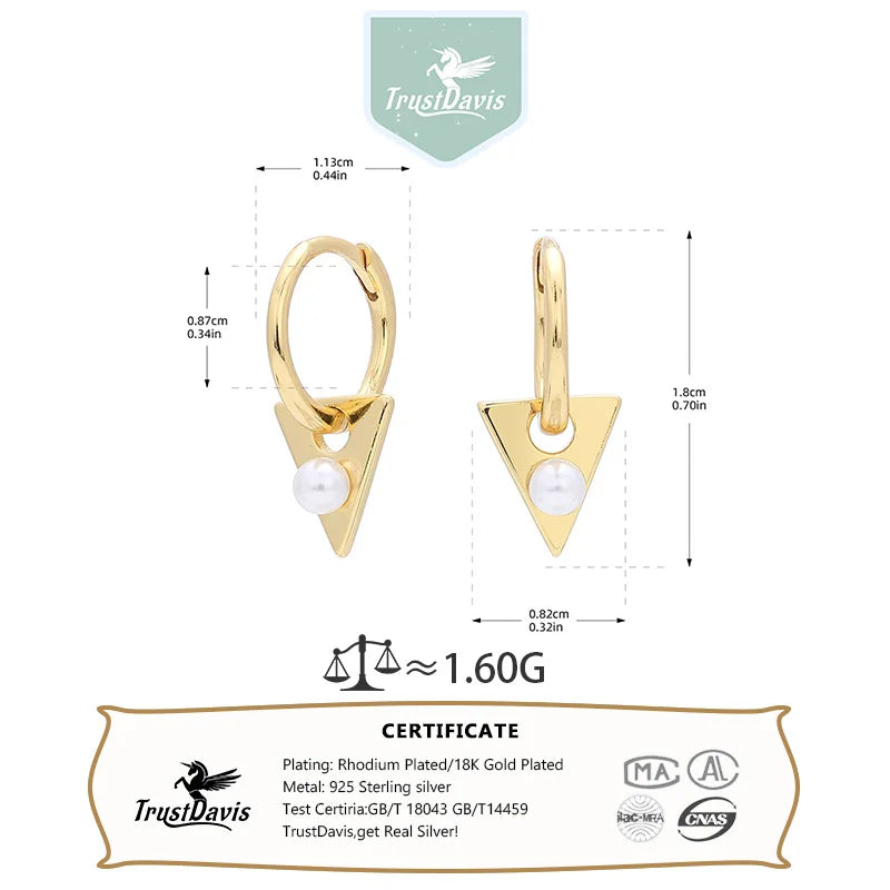 TrustDavis 925 Sterling Silver Women's Fashion Sweet Geometric Triangle Pearl Hoop Earrings for Women Girls Jewelry Gift DS4325