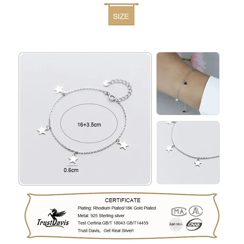 TrustDavis 100% 925 Sterling Silver Fashion Women Jewelry 4 Star Bracelet 16cm For Gift Girls Lady Drop Shipping DS477
