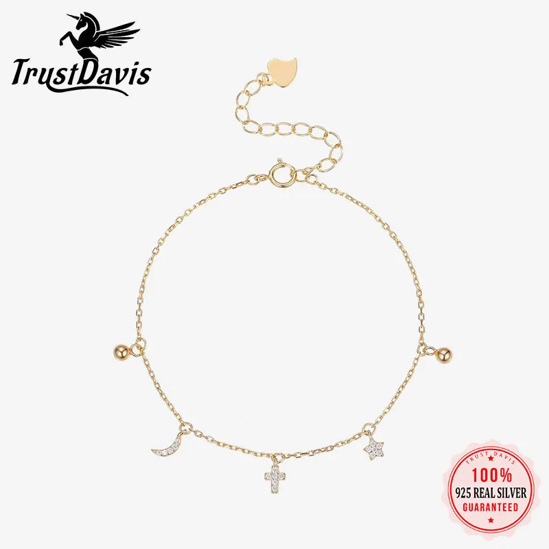 Real 925 Sterling Silver Star and Moon Cross Zircon Bracelet DS4946