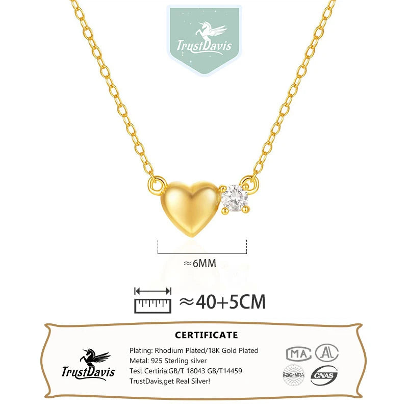 TrustDavis Real 925 Sterling Silver Fashion Simple Heart-shaped Zircon Necklace for Women Girls Gift Fine Jewelry DS4740