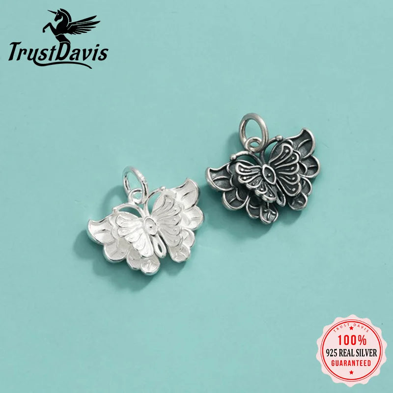 TrustDavis Real 925 Sterling Silver Retro Stereo Butterfly Charm Pendant Handmade DIY Accessories Fine Jewelry Wholesale DZ1740