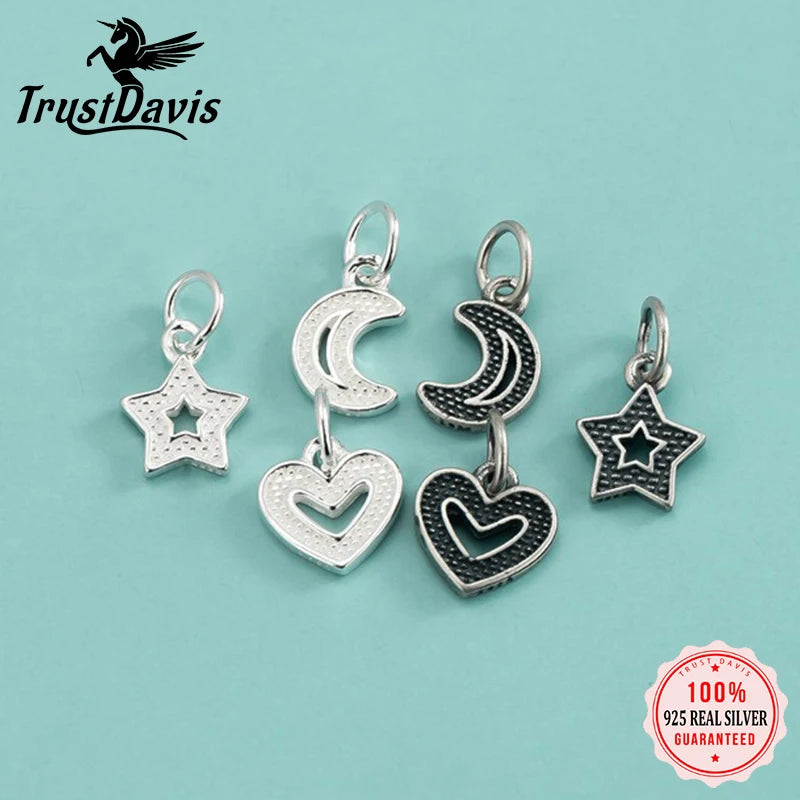 TrustDavis Real 925 Sterling Silver Sweet Heart Stars Moon Charm Pendant Handmade DIY Accessories Fine Jewelry Wholesale DZ1787