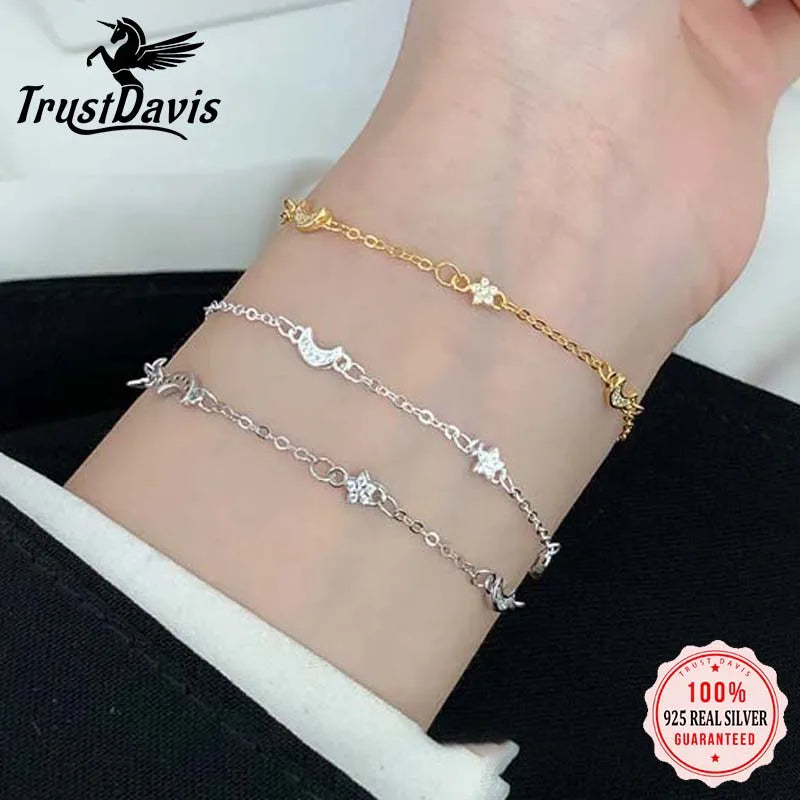 TrustDavis Genuine 925 Sterling Silver Fashion Trendy Star Moon Zircon Bracelet For Women Lady Girls Wedding Jewelry Gift DS4513