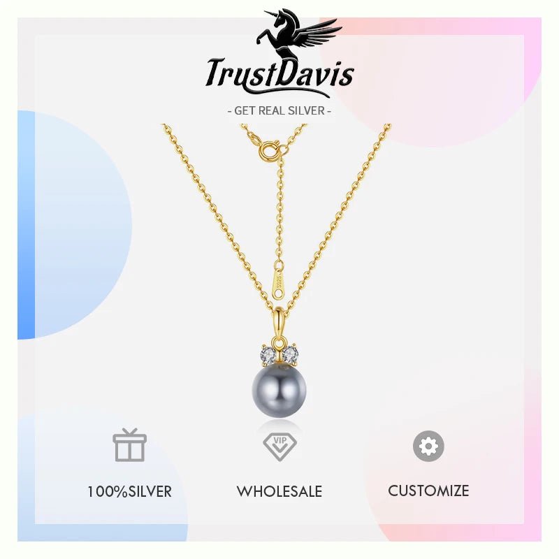 TrustDavis Real 925 Sterling Silver Fashion Simple Black and White Pearl Necklace for Women Girls Gift Fine Jewelry DS4737