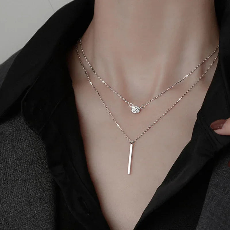 TrustDavis 925 Sterling Silver Elegant Double Layer Geometric Stick Pendant Necklace Fine Jewelry For Women Wedding Party DA1266