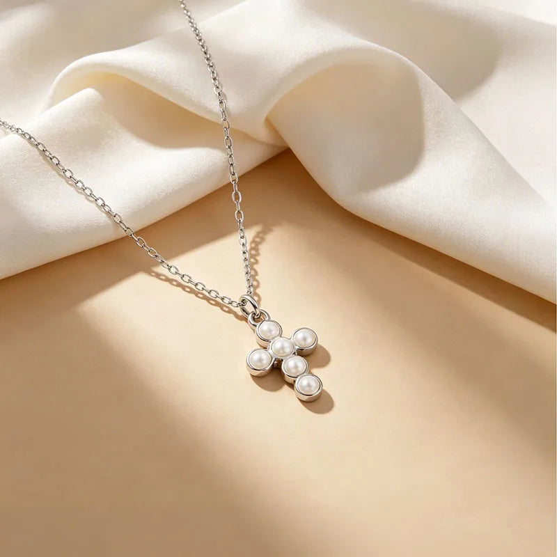 Silver Cross Pearl Clavicle Necklace DS5015