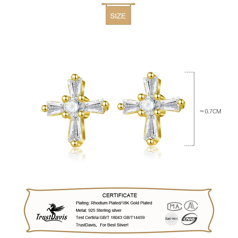 TrustDavis 925 Sterling Silver Cross Stud Earrings Shiny CZ Stones Birthday Gift for Girls Kids Fine Jewelry Wholesale DS3500