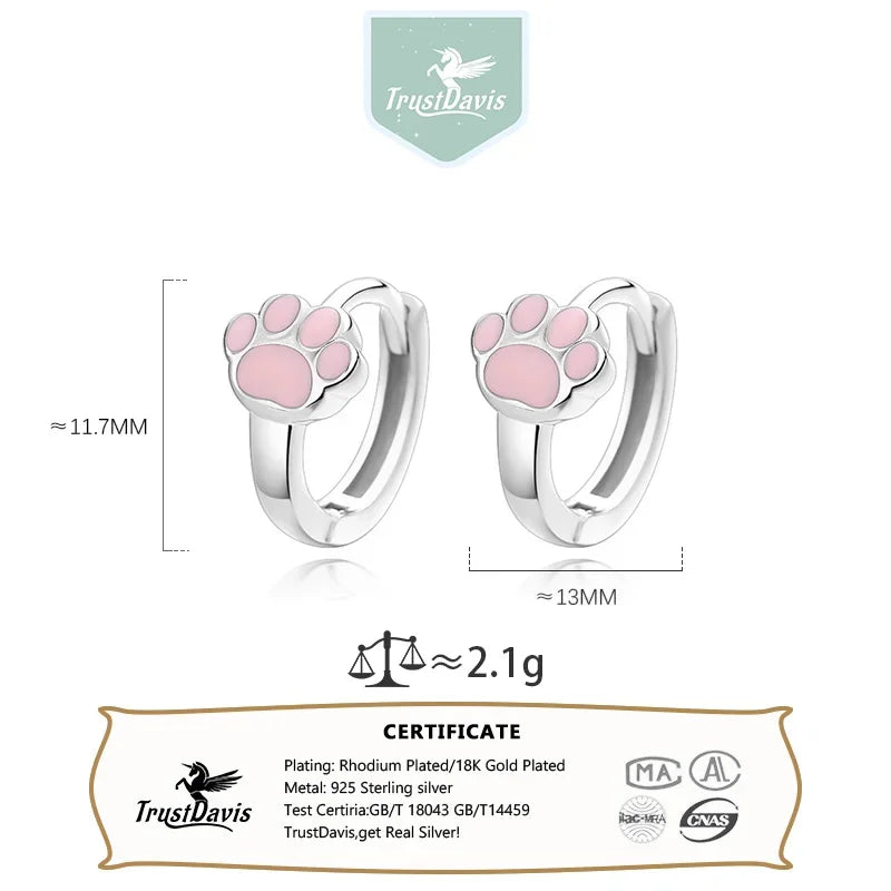 TrustDavis Genuine 925 Sterling Silver Cute Pink Cat Claw Hoop Earrings Women Fashion for Girls Anniversary Fine Jewelry DS3960