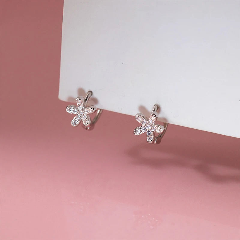 Flower Hoop Earrings Dainty Pave CZ Small Floral Earrings DS5002