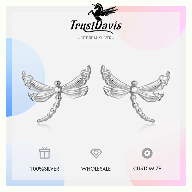 TrustDavis Real 925 Sterling Silver Light Luxury Dragonfly CZ Stud Earring for Women Daughter Birthday Gift Fine Jewelry DA3228