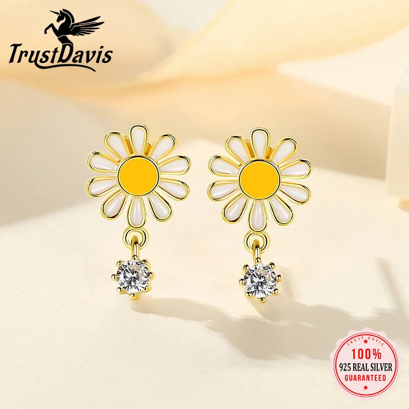 TrustDavis 925 Sterling Silver Women's Fashion Simple Daisy Zirconia Stud Earrings for Women Girls Jewelry Gift DS4357