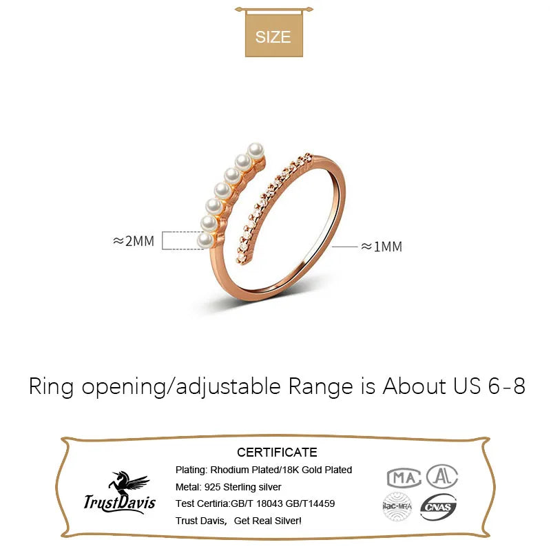 TrustDavis Real 925 Sterling Silver Sweet Freshwater Pearl Dazzling CZ Rings For Women Wedding Birthday Gift Fine Jewelry DE0011