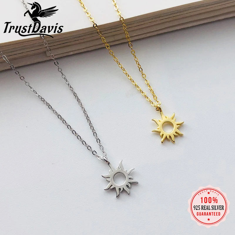 TrustDavis 925 Sterling Silver Women's Necklace  Fashion Simple Hollow Sun Flame Necklace for Women Girls Jewelry Gift DS4661