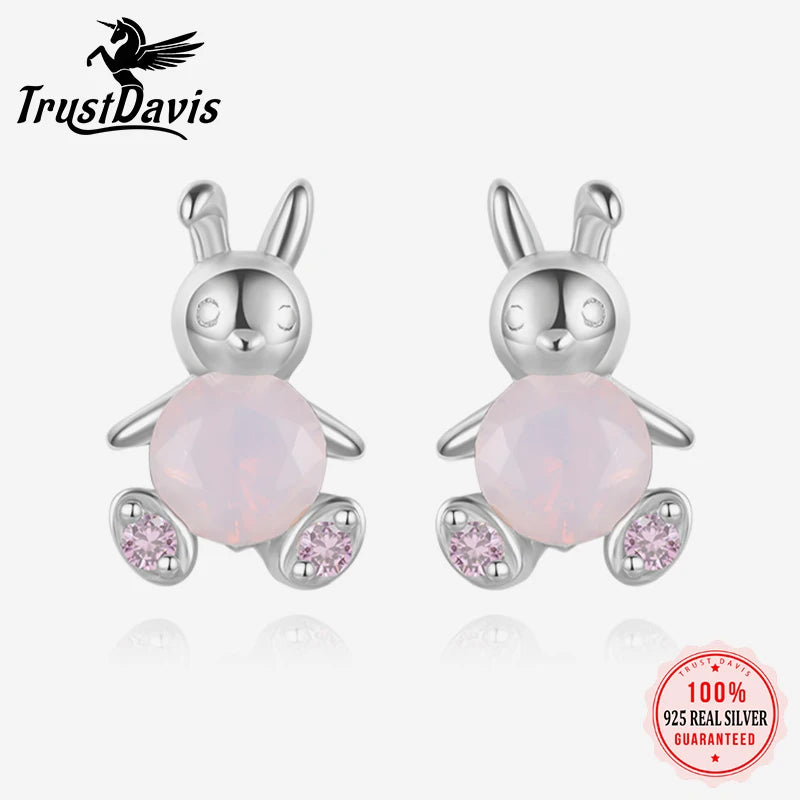 TrustDavis Genuine Fashion 925 Sterling Silver cute Animal rabbit Stud Earring For Women Silver 925 Earrings Jewelry Gift DS4622