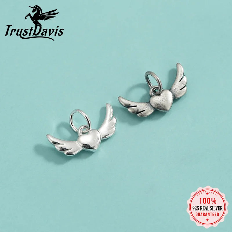 TrustDavis 925 Sterling Silver Fashion Classic Angel Wings Heart Pendant DIY Necklace Bracelet Accessories Fine Jewelry DZ1849