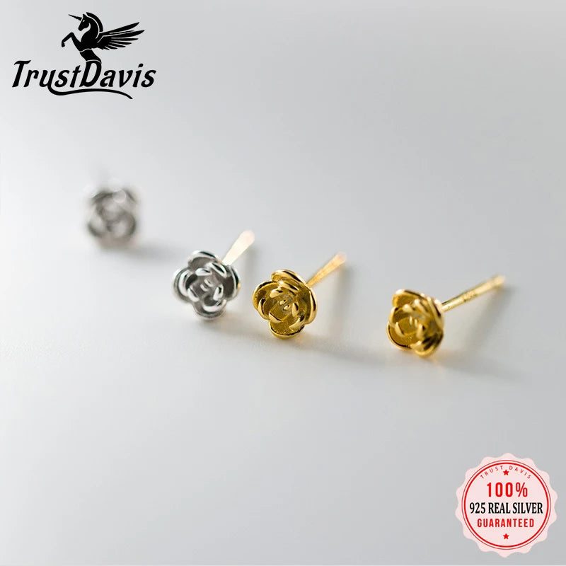 TrustDavis Real 925 Sterling Silver Minimalist Rose Flower Stud Earrings for Women School Party 925 Silver Jewelry Gift DS4647