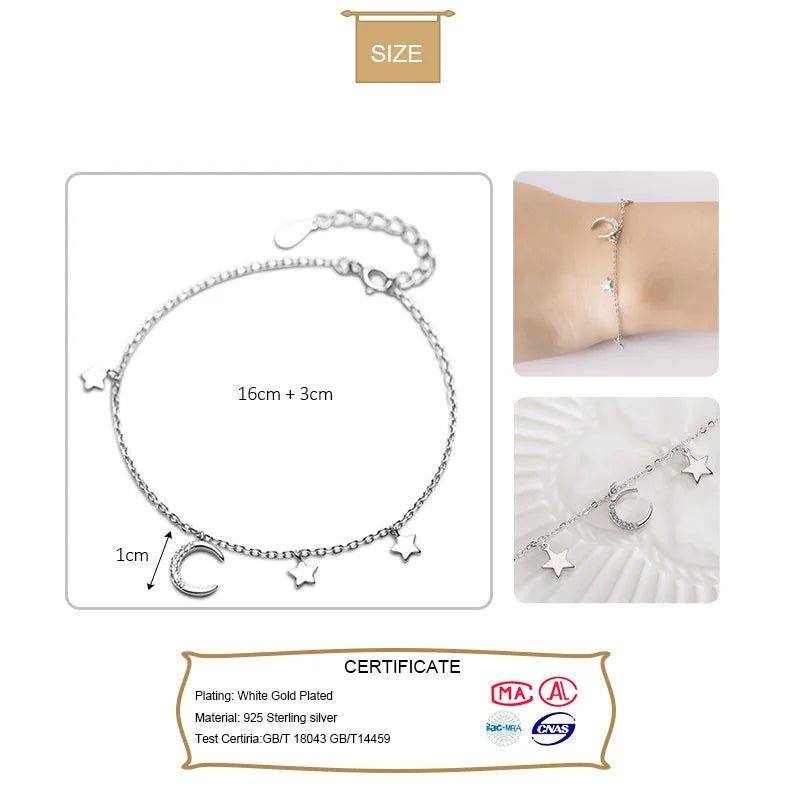 Trustdavis 925 Sterling Silver Bracelet  CZ Stone Moon&Stars Real Silver Wholesale Jewelry Women Girls Friendship Gift DS1546