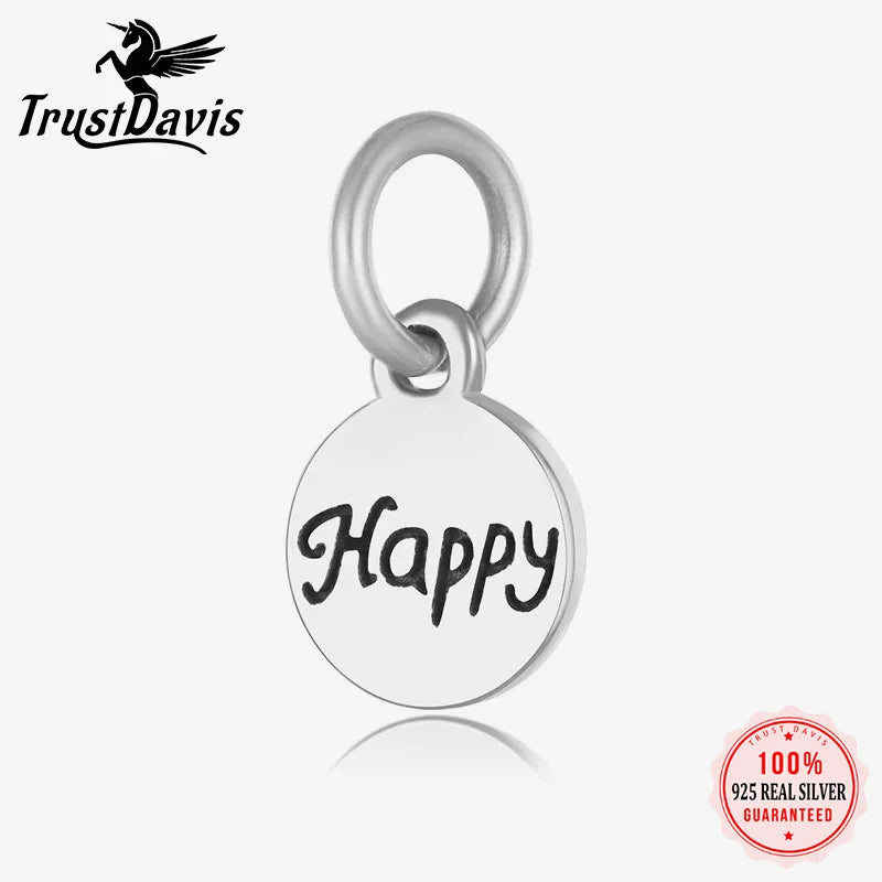 TrustDavis  Real 925 Sterling Silver Fashion Sweet Wafer Happy Charm Pendant Handmade DIY Accessories Jewelry Wholesale DZ105