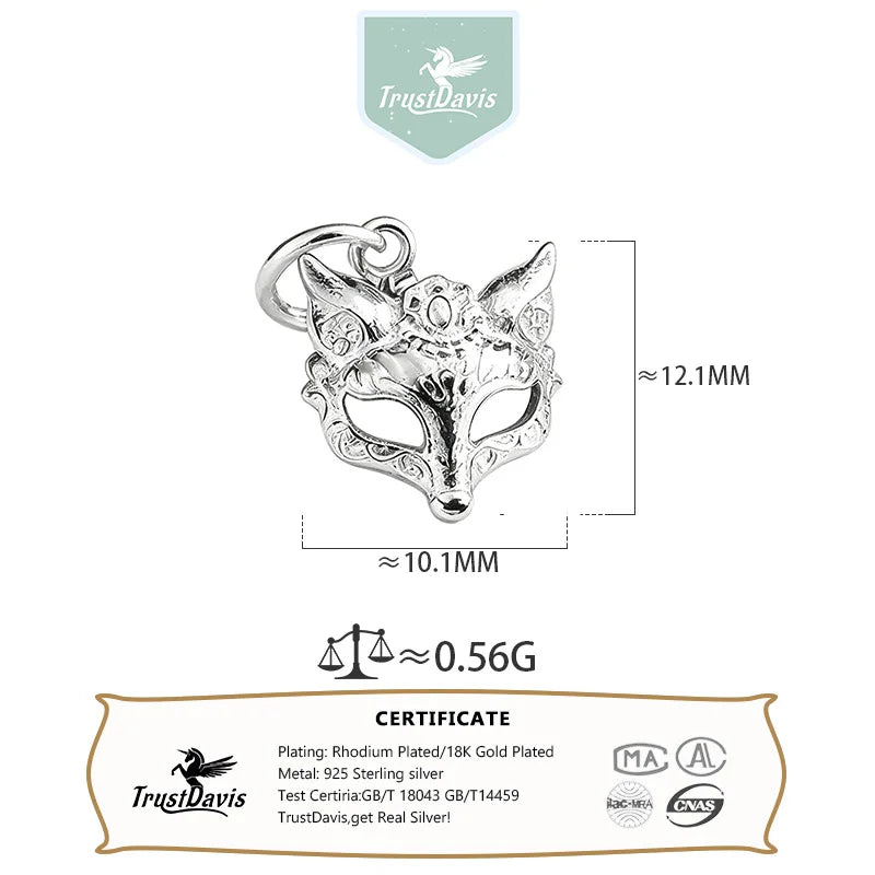 TrustDavis Real 925 Sterling Silver Personality Fine Cute Fox Mask Charm Pendant Handmade DIY Accessories Jewelry DZ1814
