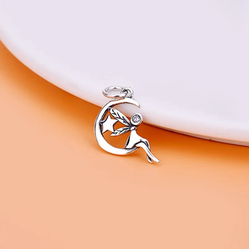 TrustDavis Real 925 Sterling Silver Retro Star Moon Fairy Charm Pendant Handmade DIY Accessories Fine Jewelry Wholesale DZ1735