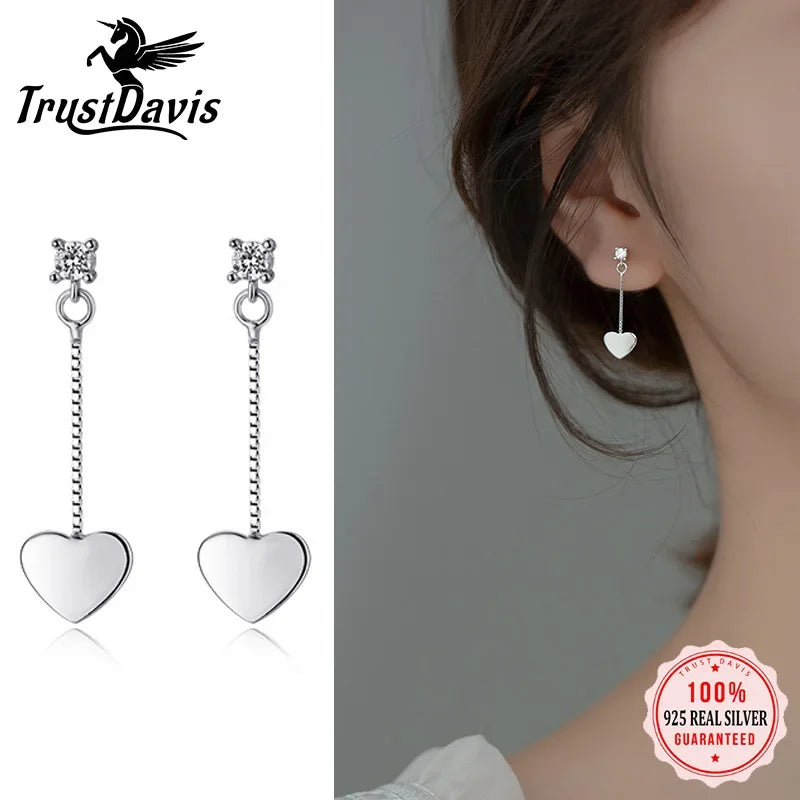 TrustDavis Real 925 Sterling Silver Earring Fashion Tassel Heart White CZ Stud Earrings For Women Mother's Day Jewelry DS1315