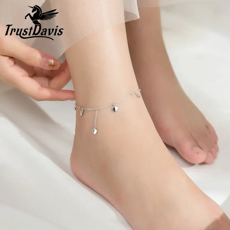 TrustDavis Real 925 Sterling Silver Fashion Sweet Tassel Beads Heart Anklets For Women Wedding Fine Silver 925 Jewelry DA1750