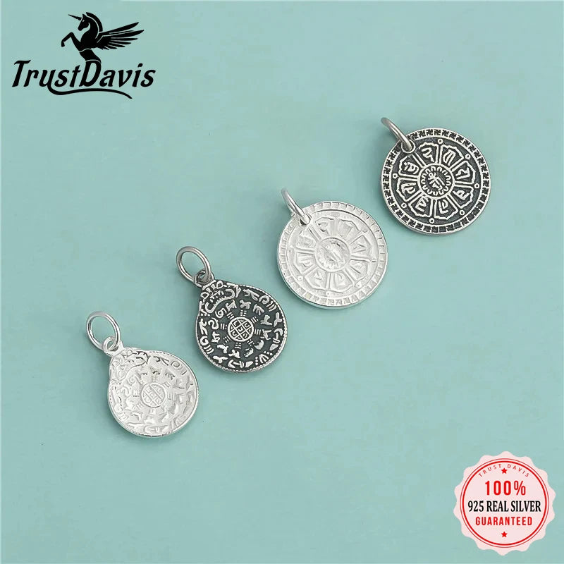 TrustDavis Real 925 Sterling Silver Sweet Round Card Pendant Handmade DIY Fit Necklace Bracelet Accessories Fine Jewelry DZ720