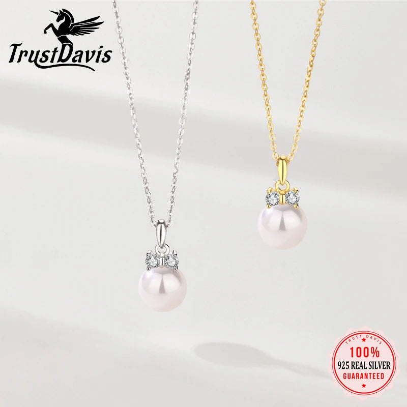 TrustDavis Real 925 Sterling Silver Fashion Simple Black and White Pearl Necklace for Women Girls Gift Fine Jewelry DS4737